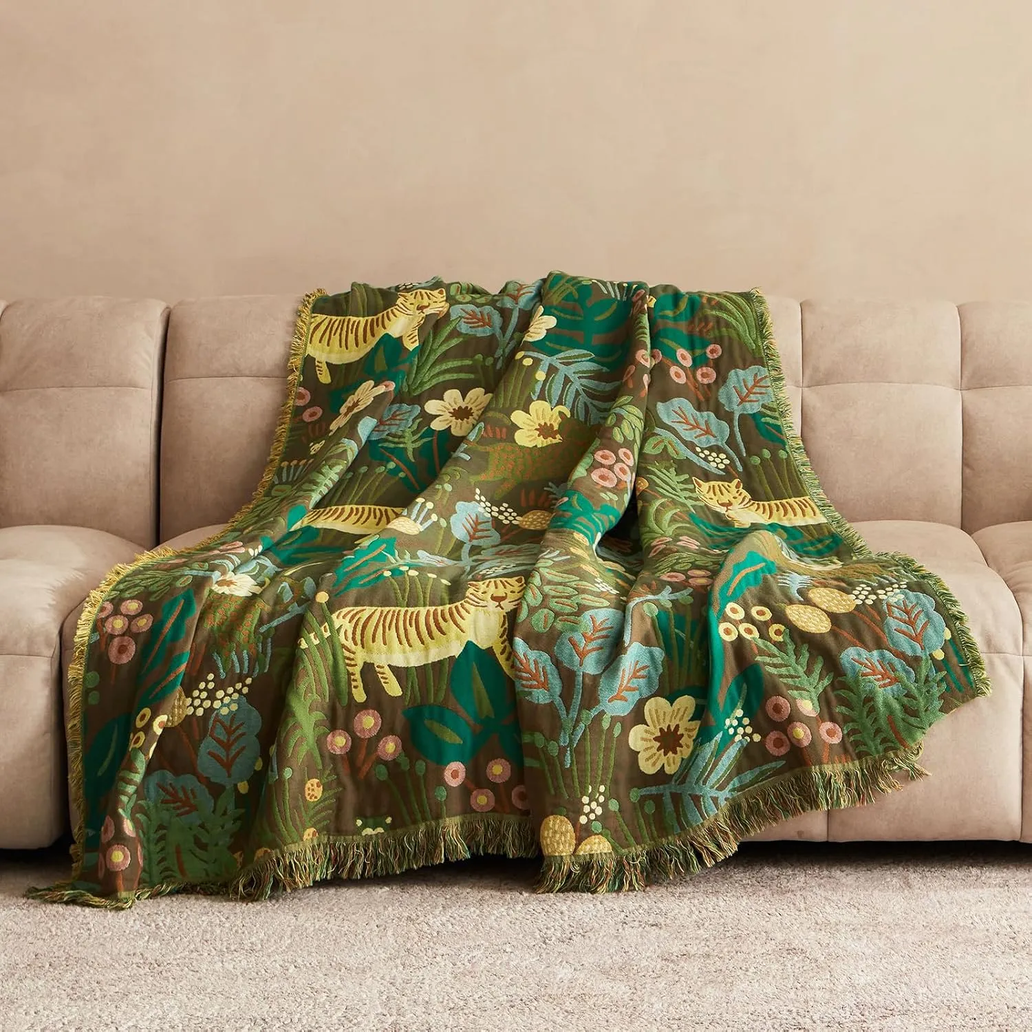 Boho Throw Blanket for Bed 100% Cotton Ultra Soft Rustic Quilt Summer Blanket Forest Tiger Printed Farmhouse Decor Bed Blankets,60"×80" All Season Rustic Throw for Sofa Couch Chair