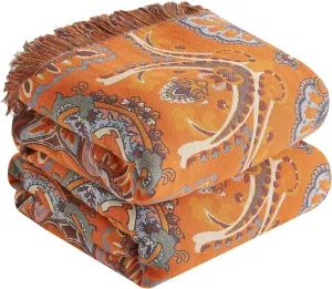 Boho Throw Blanket for Bed 80”x90”, 100% Cotton Woven Blanket for Couch Sofa, Ultra Soft 4-Layer Muslin Quilt with Vintage Floral Printed, Farmhouse Bed Blanket/Cover for Living Room Decor