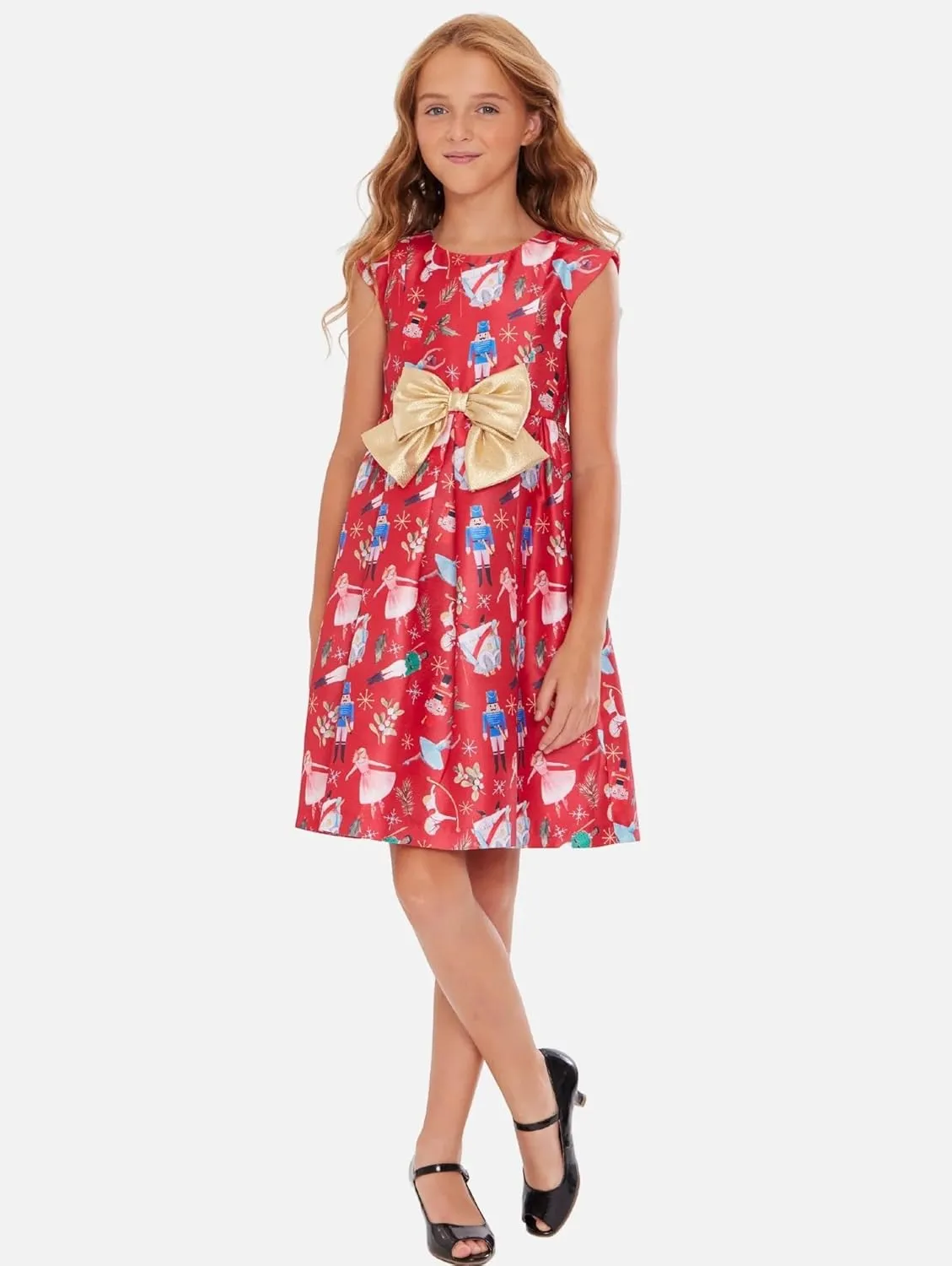 Bonnie Jean Girls 2T-16 Red Shantung Gold Bow Nutcracker Holiday Dress