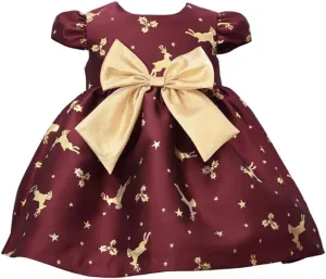 Bonnie Jean Holiday Christmas Dress - Burgundy Reindeer Dress for Baby Toddler and Little Girls