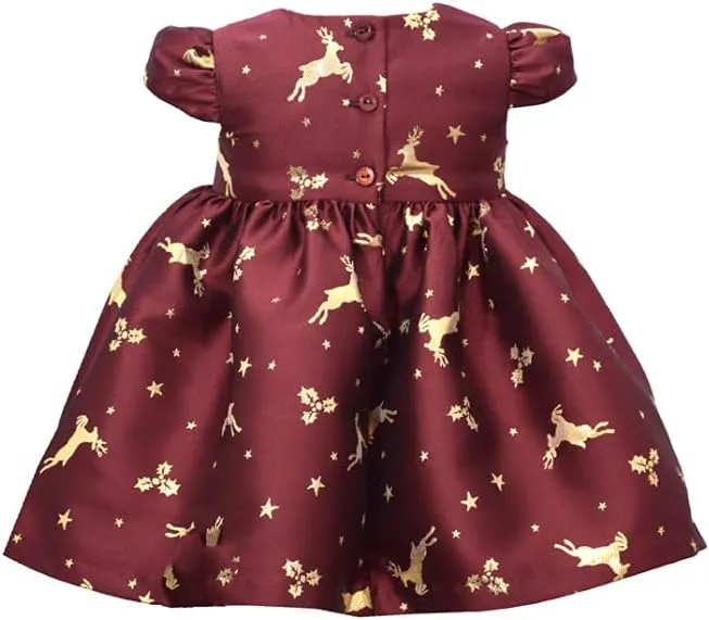 Bonnie Jean Holiday Christmas Dress - Burgundy Reindeer Dress for Baby Toddler and Little Girls