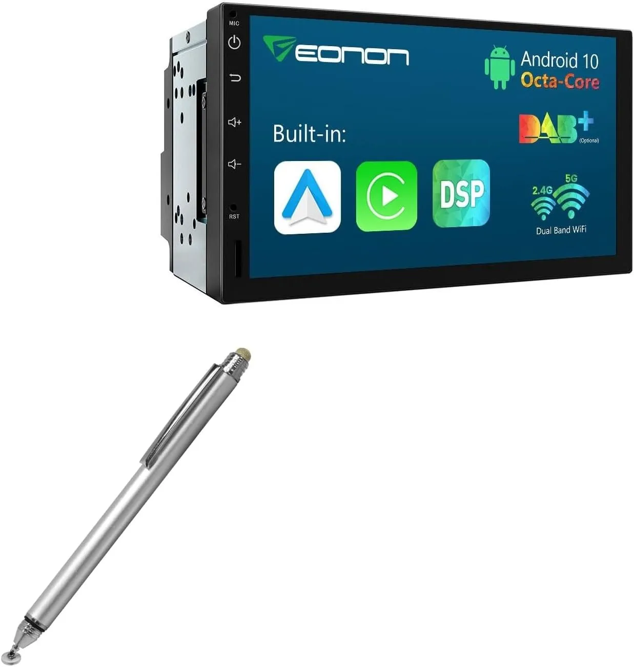 BoxWave Stylus Pen Compatible with Eonon Q04PRO - DualTip Capacitive Stylus, Fiber Tip Disc Tip Capacitive Stylus Pen - Metallic Silver