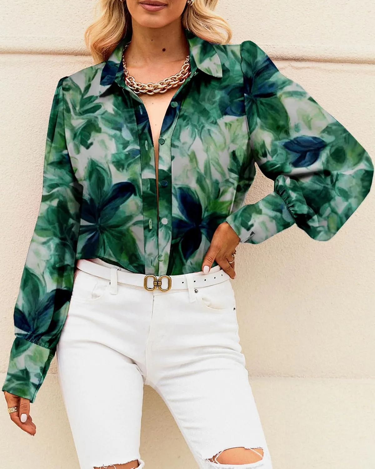 BTFBM Women Fashion Button Down Shirts V Neck Printed Solid Boho Long Sleeve Blouses Dressy Casual Summer Spring Tops