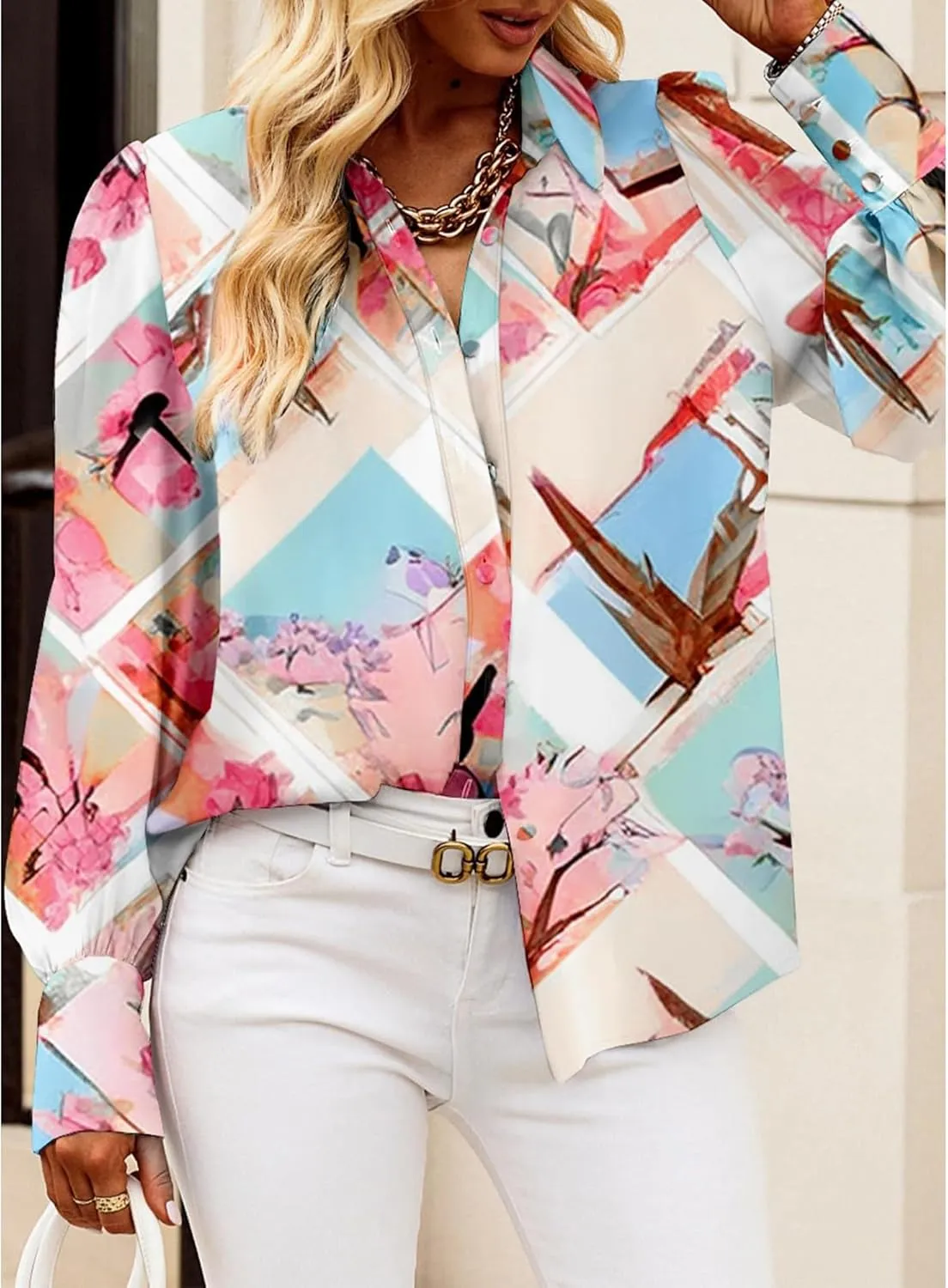 BTFBM Women Fashion Button Down Shirts V Neck Printed Solid Boho Long Sleeve Blouses Dressy Casual Summer Spring Tops