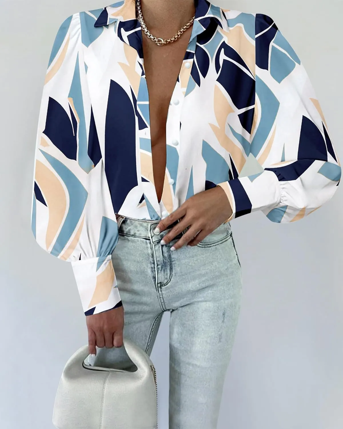 BTFBM Women Fashion Button Down Shirts V Neck Printed Solid Boho Long Sleeve Blouses Dressy Casual Summer Spring Tops