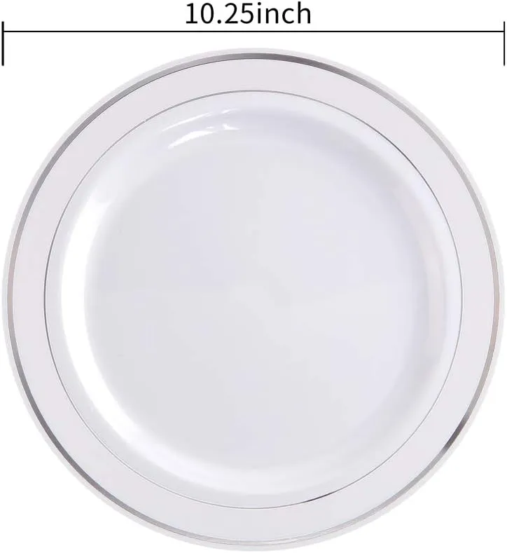 bUCLA 100Pieces Silver Plastic Plates - 10.25inch Silver Rim Disposable Dinner Plates - Ideal for Weddings, Parties&Christmas