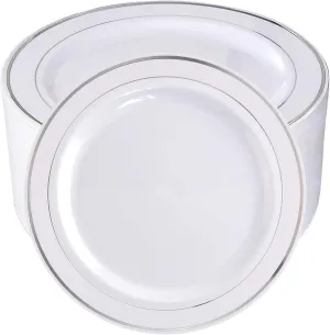 bUCLA 100Pieces Silver Plastic Plates - 10.25inch Silver Rim Disposable Dinner Plates - Ideal for Weddings, Parties&Christmas