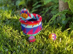 Buena ONDA Hacky Sack Mini Bag Toss Game - Canasta Ball Yippi Yappa Kit - Colorado Edition - Crocheted Mini Bag Toss Game for Kids and Adults - Color Coded Balls with Basket, Indoor/Outdoor Play