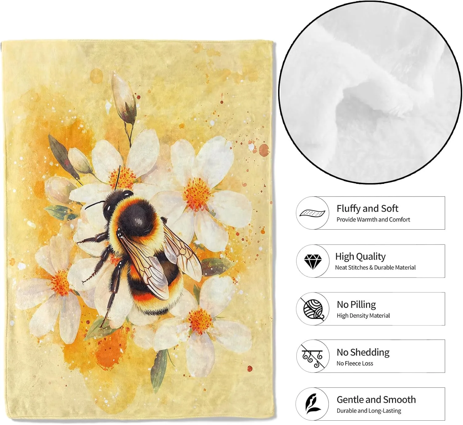 Bumblebee Throw Blanket,40x50in,Soft,Lightweight Flannel,Bee and White Daisy Warm Yellow Blankets - Gifts for Kids Adult Women,for Couch Office Travel,Home Living Room Nature Decor