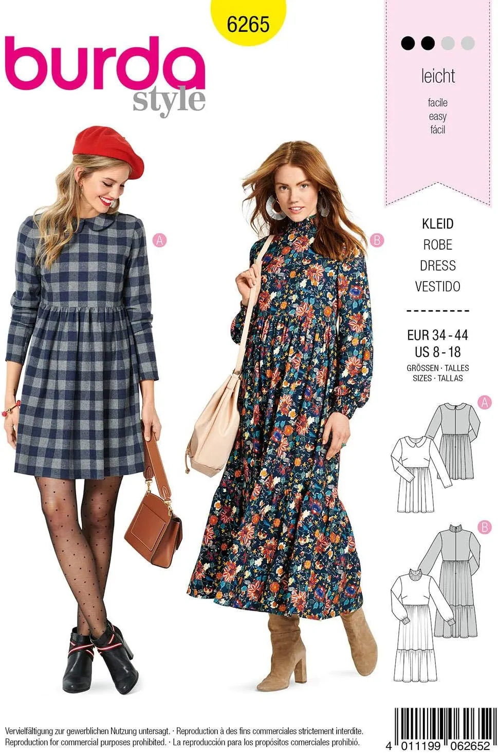 Burda Style Sewing Pattern 6265 - Misses' Dresses Short or Midi Length with Tiered Skirt, Size A (8-10-12-14-16-18)