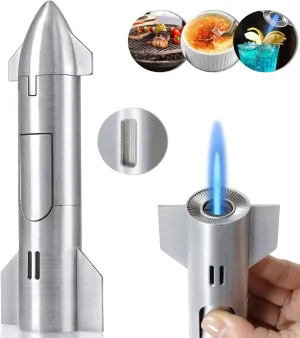 Butane Torch,cigar torch lighter with Adjustable Flame & Visual Window,Rocket Fire Torch Lighter Butane Refillable for Father's Day, Birthday Gifts, BBQ, DIY, Baking, Butane Gas Not Included, Silver