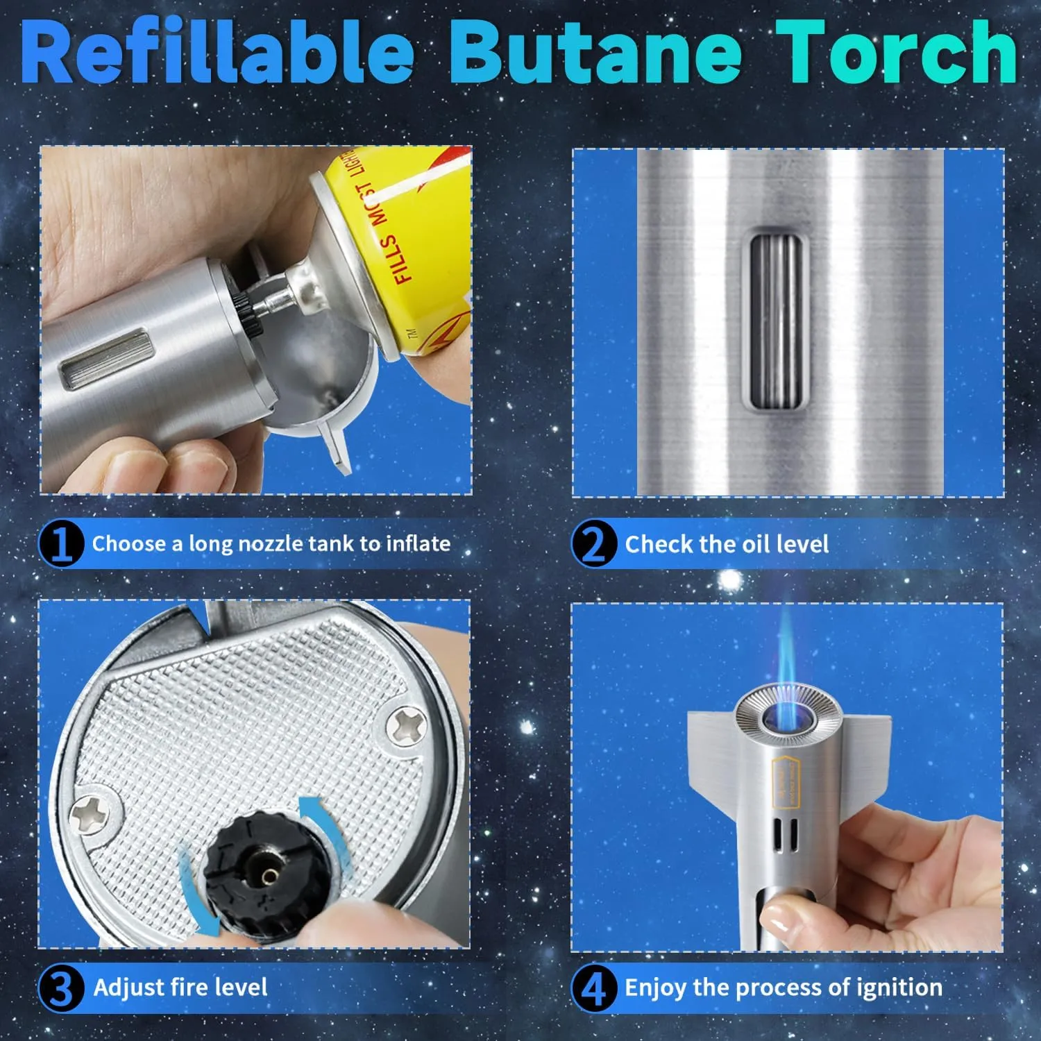 Butane Torch,cigar torch lighter with Adjustable Flame & Visual Window,Rocket Fire Torch Lighter Butane Refillable for Father's Day, Birthday Gifts, BBQ, DIY, Baking, Butane Gas Not Included, Silver