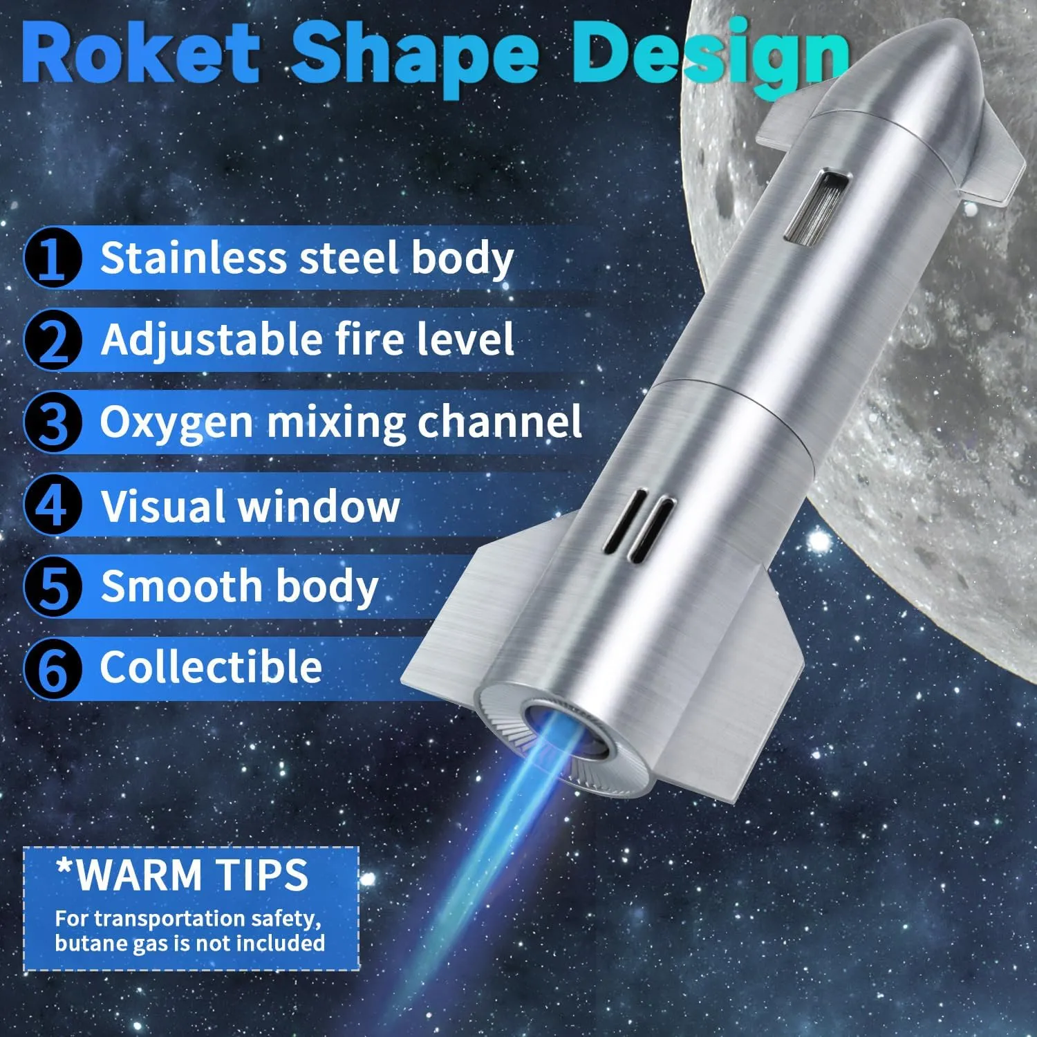 Butane Torch,cigar torch lighter with Adjustable Flame & Visual Window,Rocket Fire Torch Lighter Butane Refillable for Father's Day, Birthday Gifts, BBQ, DIY, Baking, Butane Gas Not Included, Silver