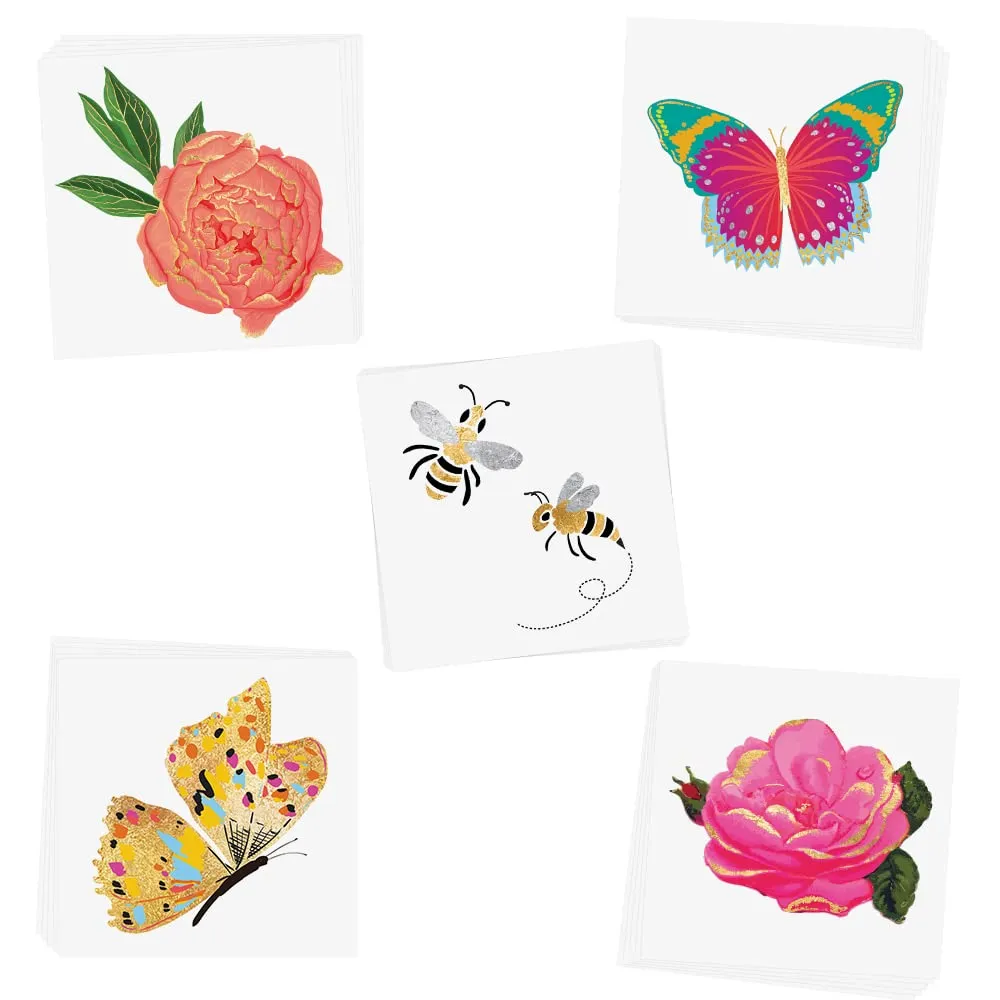 BUTTERFLY BUZZ VARIETY SET includes 25 assorted premium waterproof metallic gold temporary foil party tattoos - flower tattoo, butterfly, bee, temporary tattoo, gold tattoo