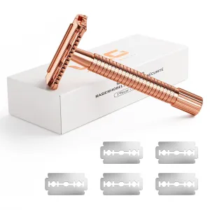 Butterfly Open Double Edge Safety Razor, Single Blade Razors for Women Men, 1 Blade Razors with 5 Refills, Eco-Friendly Reusable Razor for Shaving and Travel, Plastic Free, Rose Gold