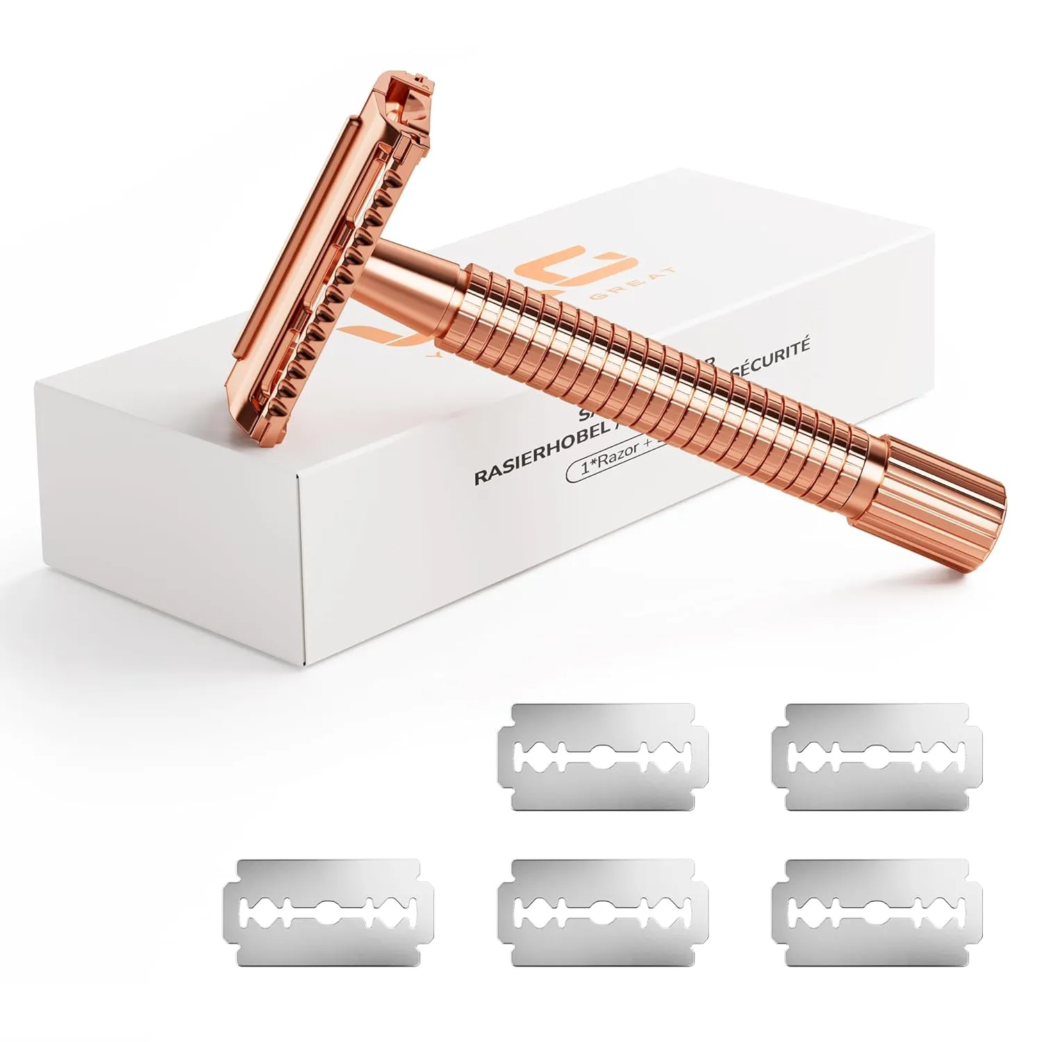 Butterfly Open Double Edge Safety Razor, Single Blade Razors for Women Men, 1 Blade Razors with 5 Refills, Eco-Friendly Reusable Razor for Shaving and Travel, Plastic Free, Rose Gold