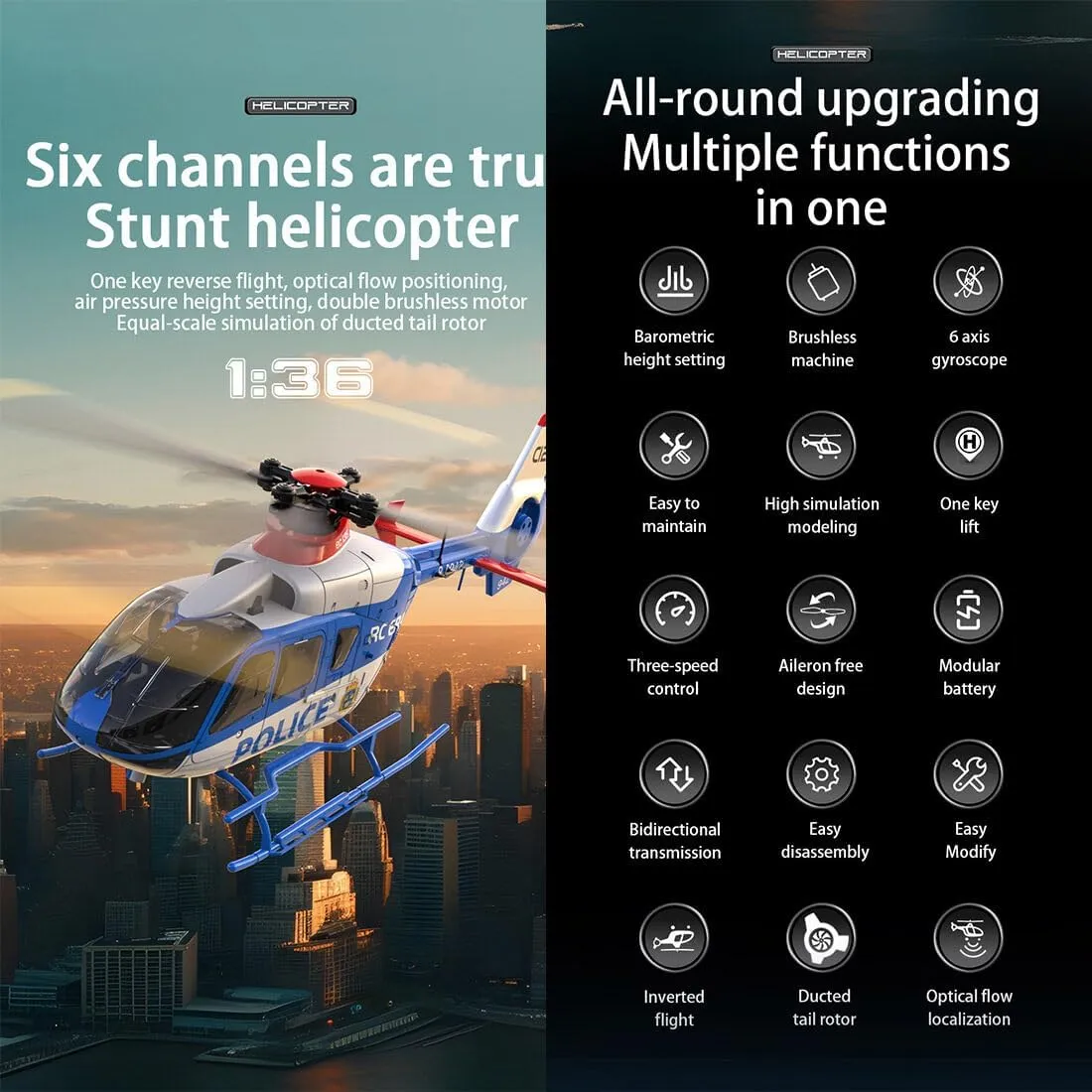 C123 EC135 RC Helicopter with 3D/6G Mode for Adults, 2.4G 6CH Single-Rotor RC Helicopter with 6-Axis Gyro & Altitude Hold - RTF