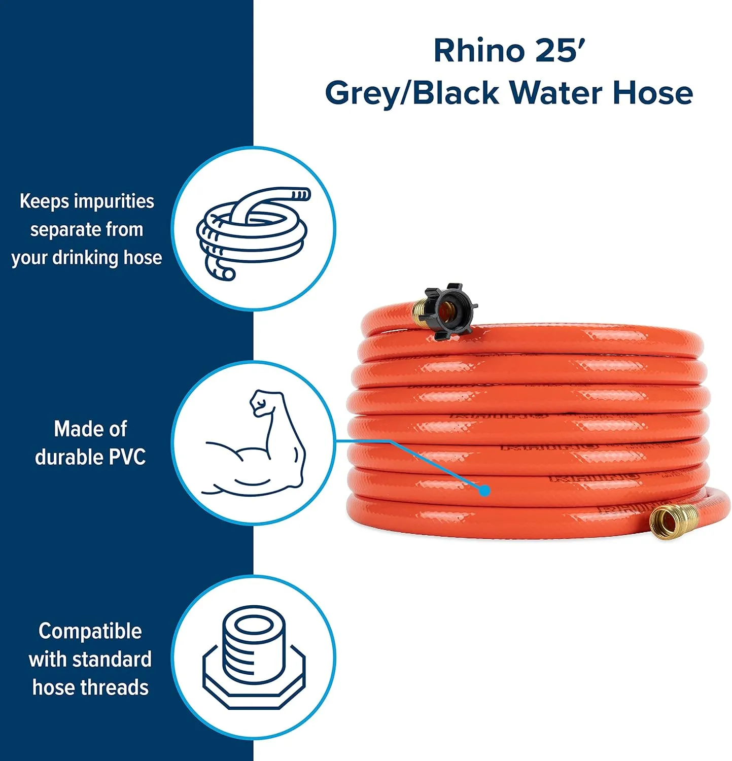 Camco Rhino 25Ft Clean-Out Camper & RV Black Water Hose - Features a Heavy-Duty PVC Design & Bright Orange Color - Clean-Out Camper Black Water, Grey Water or Tote Tanks - 5/8” Inside Diameter (22990)