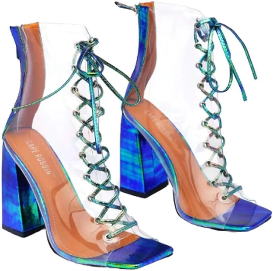 Cape Robbin lace up peep toe clear chunky heel ankle booties
