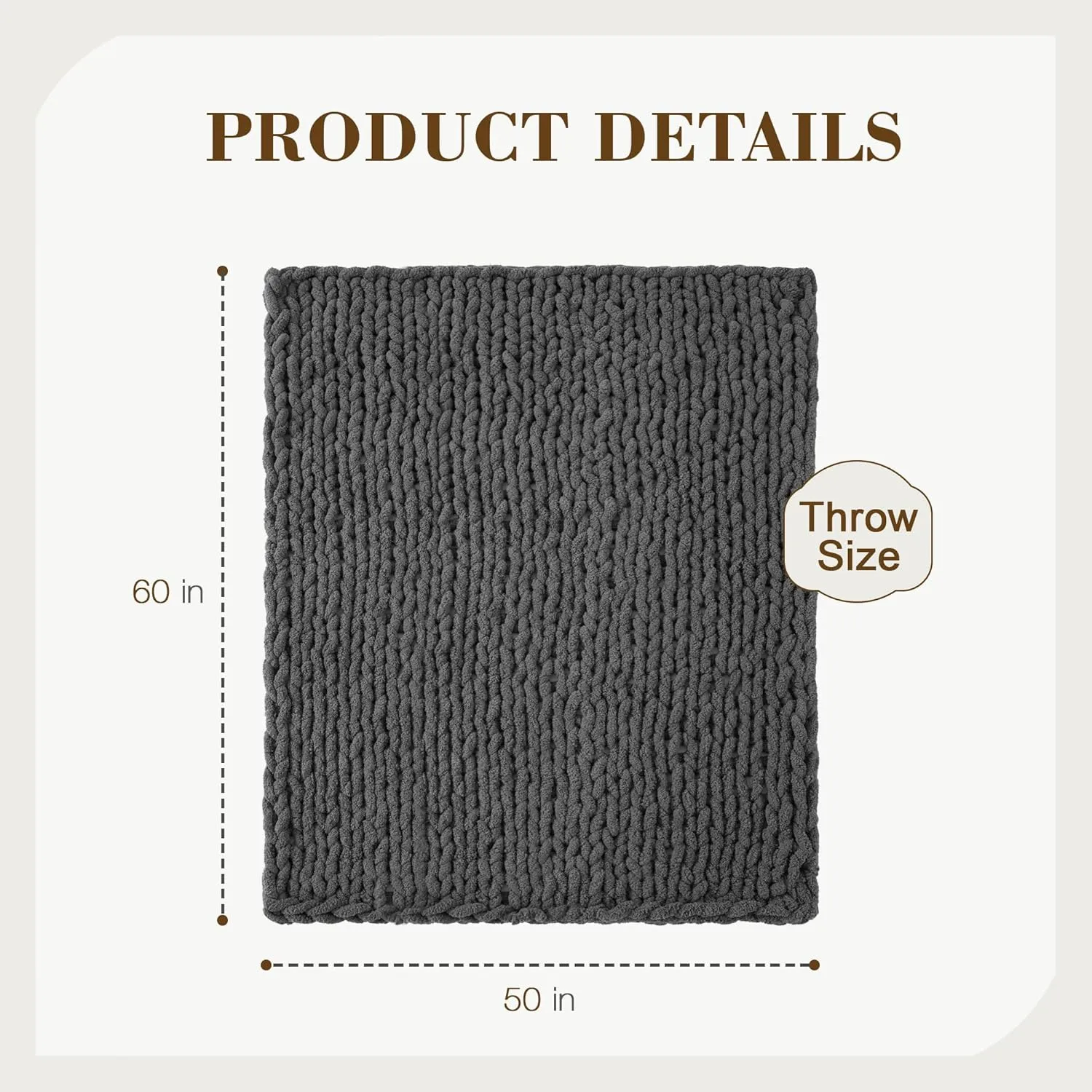 Carriediosa Chunky Knit Throw Blanket 50" X 60", 100% Hand Made Large Chenille Loop Yarn Soft Fluffy Throws for Couch Sofa Bed, Big Crochet Cozy Heavy Thick Cable Woven Blankets, Dark Grey