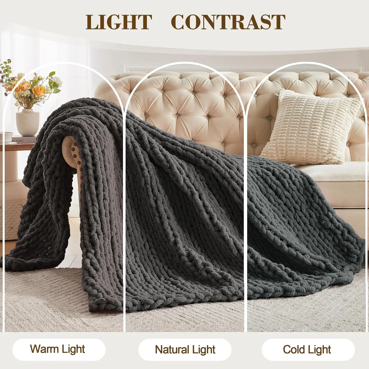 Carriediosa Chunky Knit Throw Blanket 50" X 60", 100% Hand Made Large Chenille Loop Yarn Soft Fluffy Throws for Couch Sofa Bed, Big Crochet Cozy Heavy Thick Cable Woven Blankets, Dark Grey