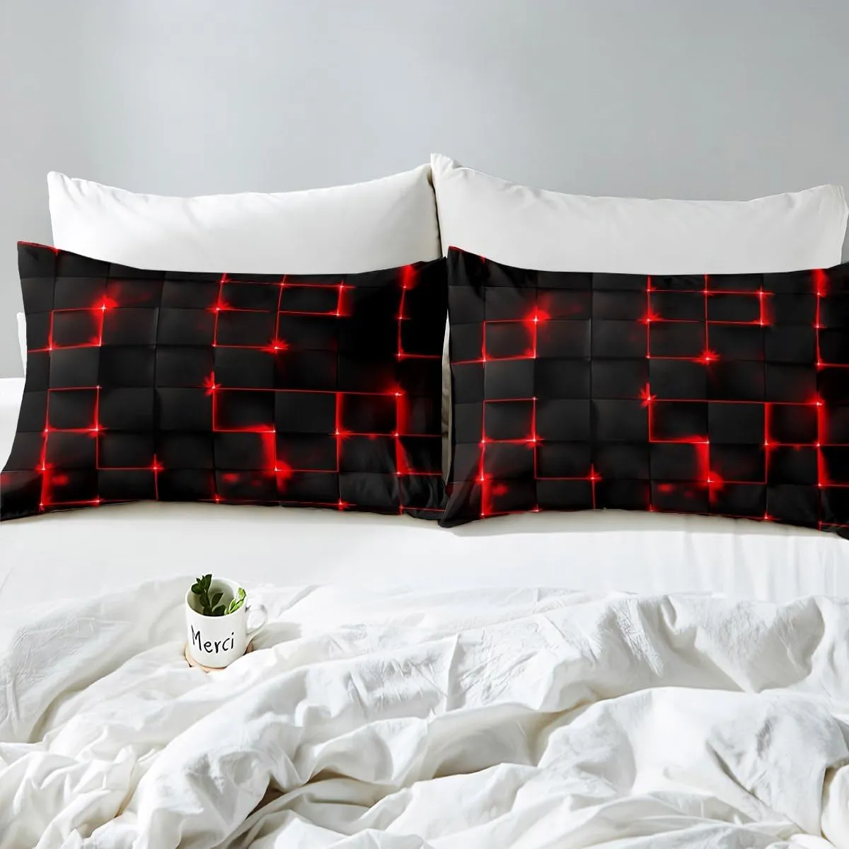 Castle Fairy Abstract Queen Duvet Cover Set, 3D Modern Geometric Grid Square Quilt Cover for Kids Boys Bedroom Decor, Red and Black Geometry Plaid Neon Light Bedding Set with 2 Pillowcases, Polyester