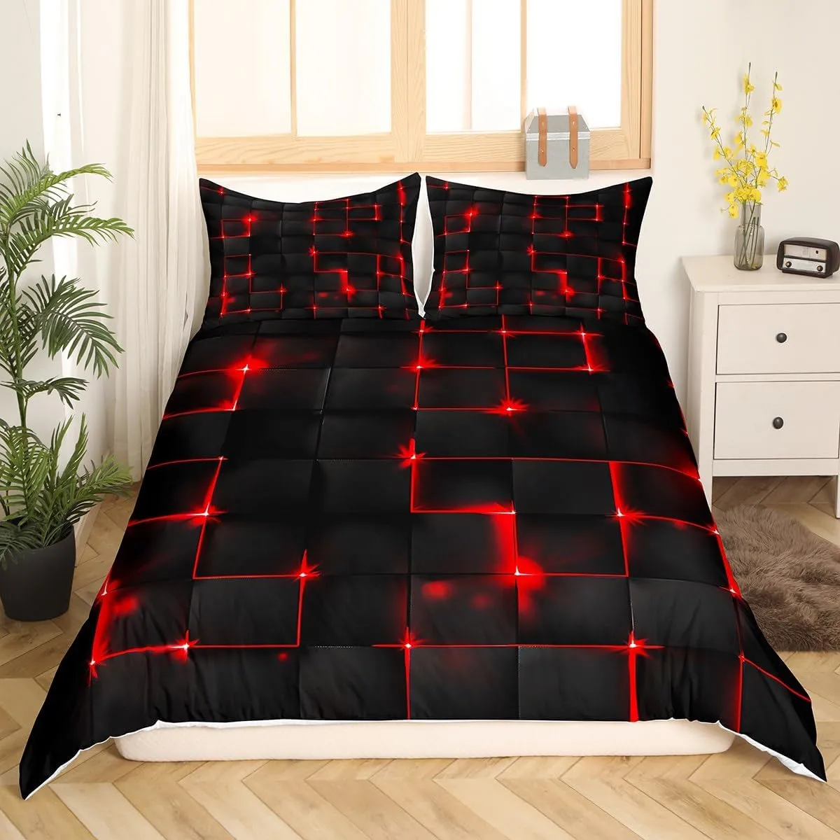 Castle Fairy Abstract Queen Duvet Cover Set, 3D Modern Geometric Grid Square Quilt Cover for Kids Boys Bedroom Decor, Red and Black Geometry Plaid Neon Light Bedding Set with 2 Pillowcases, Polyester