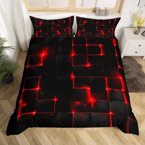 Castle Fairy Abstract Queen Duvet Cover Set, 3D Modern Geometric Grid Square Quilt Cover for Kids Boys Bedroom Decor, Red and Black Geometry Plaid Neon Light Bedding Set with 2 Pillowcases, Polyester