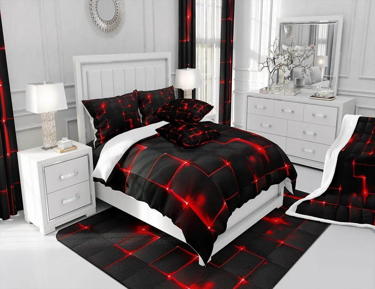 Castle Fairy Abstract Queen Duvet Cover Set, 3D Modern Geometric Grid Square Quilt Cover for Kids Boys Bedroom Decor, Red and Black Geometry Plaid Neon Light Bedding Set with 2 Pillowcases, Polyester