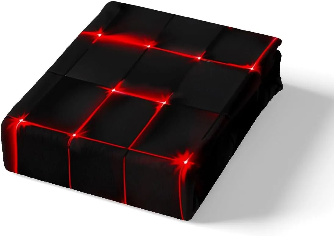 Castle Fairy Abstract Queen Duvet Cover Set, 3D Modern Geometric Grid Square Quilt Cover for Kids Boys Bedroom Decor, Red and Black Geometry Plaid Neon Light Bedding Set with 2 Pillowcases, Polyester