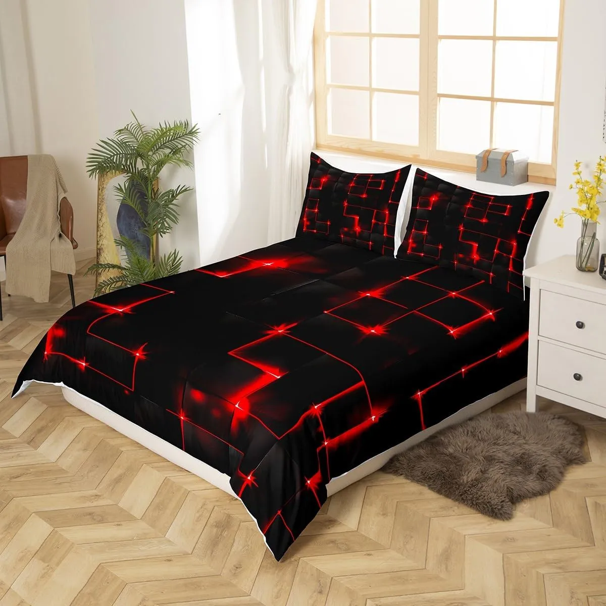 Castle Fairy Abstract Queen Duvet Cover Set, 3D Modern Geometric Grid Square Quilt Cover for Kids Boys Bedroom Decor, Red and Black Geometry Plaid Neon Light Bedding Set with 2 Pillowcases, Polyester