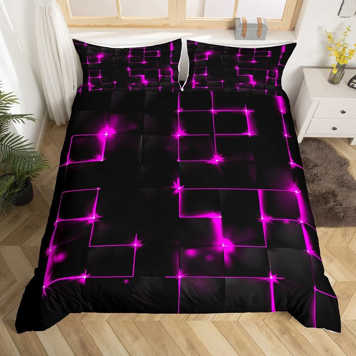 Castle Fairy Abstract Queen Duvet Cover Set, 3D Modern Square Plaid Grid Print Geometric Bedding Set 3pcs for Boys Teens Bedroom, Purple and Black Neon Light Lines Geometry Quilt Cover, 2 Pillowcases