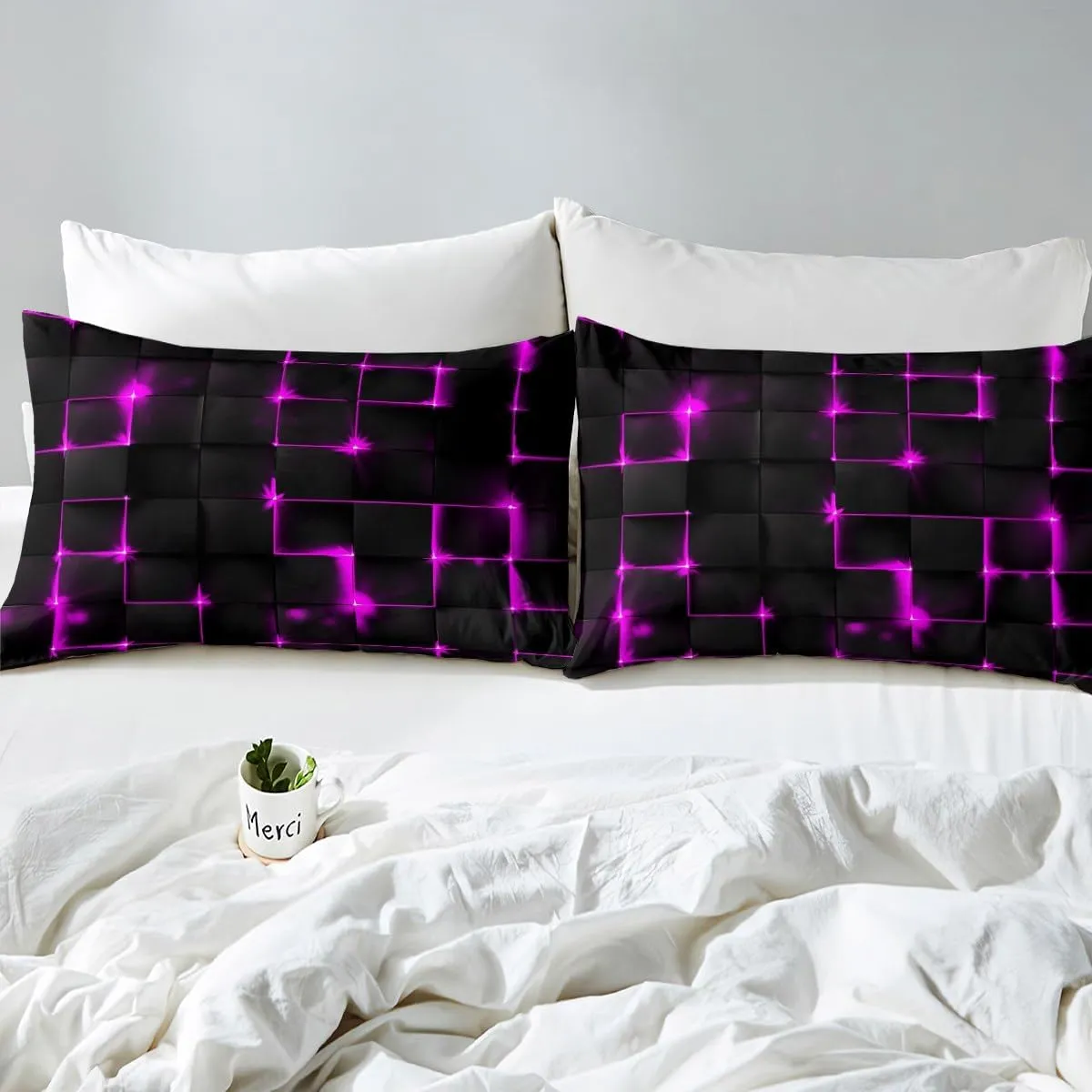 Castle Fairy Abstract Queen Duvet Cover Set, 3D Modern Square Plaid Grid Print Geometric Bedding Set 3pcs for Boys Teens Bedroom, Purple and Black Neon Light Lines Geometry Quilt Cover, 2 Pillowcases