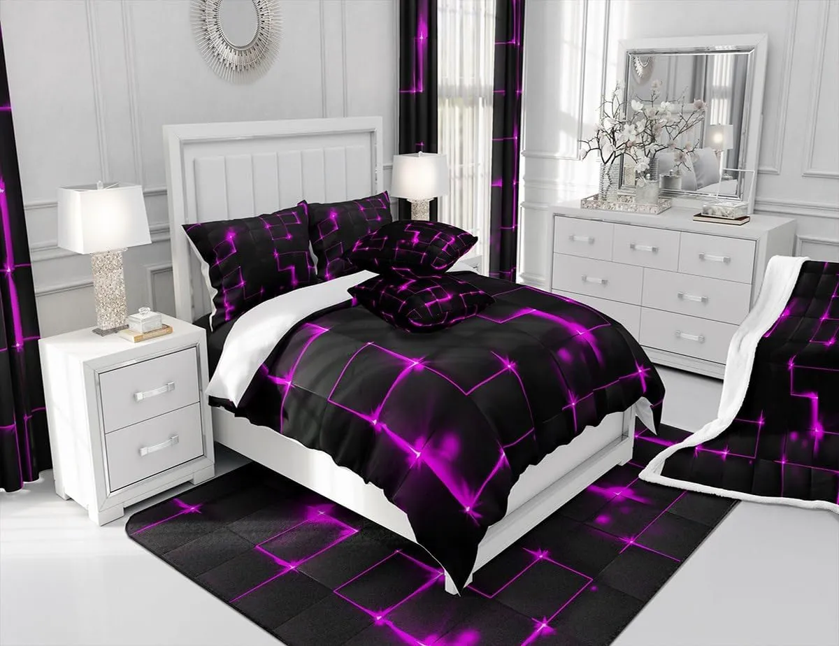 Castle Fairy Abstract Queen Duvet Cover Set, 3D Modern Square Plaid Grid Print Geometric Bedding Set 3pcs for Boys Teens Bedroom, Purple and Black Neon Light Lines Geometry Quilt Cover, 2 Pillowcases