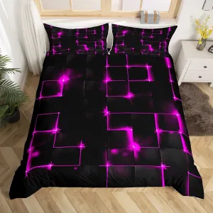 Castle Fairy Abstract Queen Duvet Cover Set, 3D Modern Square Plaid Grid Print Geometric Bedding Set 3pcs for Boys Teens Bedroom, Purple and Black Neon Light Lines Geometry Quilt Cover, 2 Pillowcases