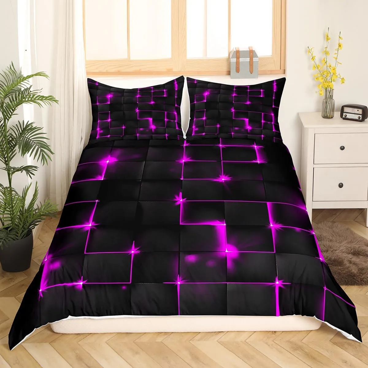 Castle Fairy Abstract Queen Duvet Cover Set, 3D Modern Square Plaid Grid Print Geometric Bedding Set 3pcs for Boys Teens Bedroom, Purple and Black Neon Light Lines Geometry Quilt Cover, 2 Pillowcases