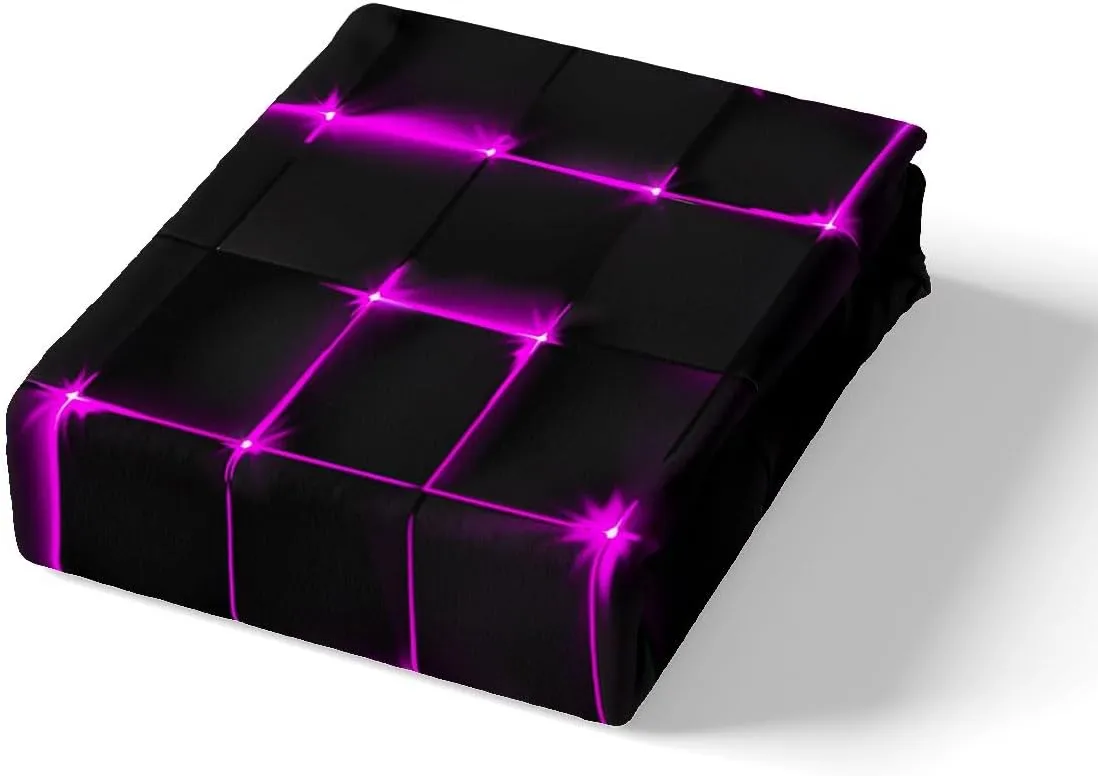 Castle Fairy Abstract Queen Duvet Cover Set, 3D Modern Square Plaid Grid Print Geometric Bedding Set 3pcs for Boys Teens Bedroom, Purple and Black Neon Light Lines Geometry Quilt Cover, 2 Pillowcases