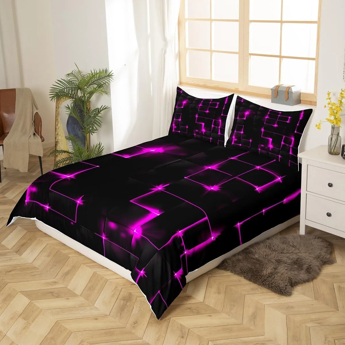 Castle Fairy Abstract Queen Duvet Cover Set, 3D Modern Square Plaid Grid Print Geometric Bedding Set 3pcs for Boys Teens Bedroom, Purple and Black Neon Light Lines Geometry Quilt Cover, 2 Pillowcases