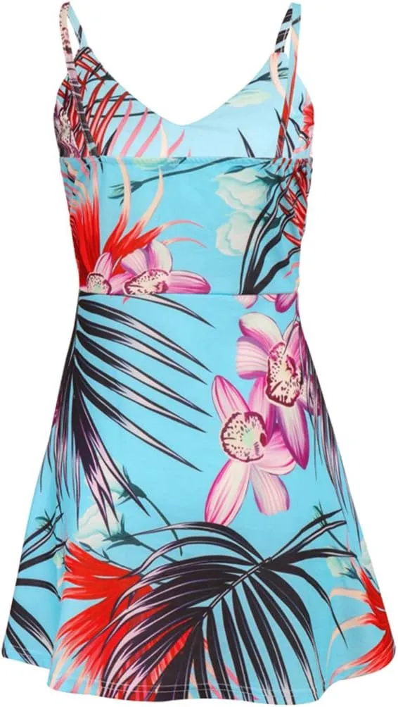 CASURESS Womens Dresses V Neck Mini Floral Spaghetti Strap Tie Knot Front Flowy Pleated Swing Dress
