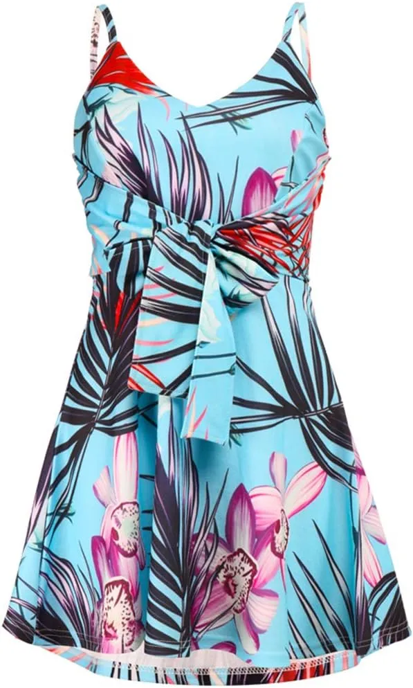 CASURESS Womens Dresses V Neck Mini Floral Spaghetti Strap Tie Knot Front Flowy Pleated Swing Dress