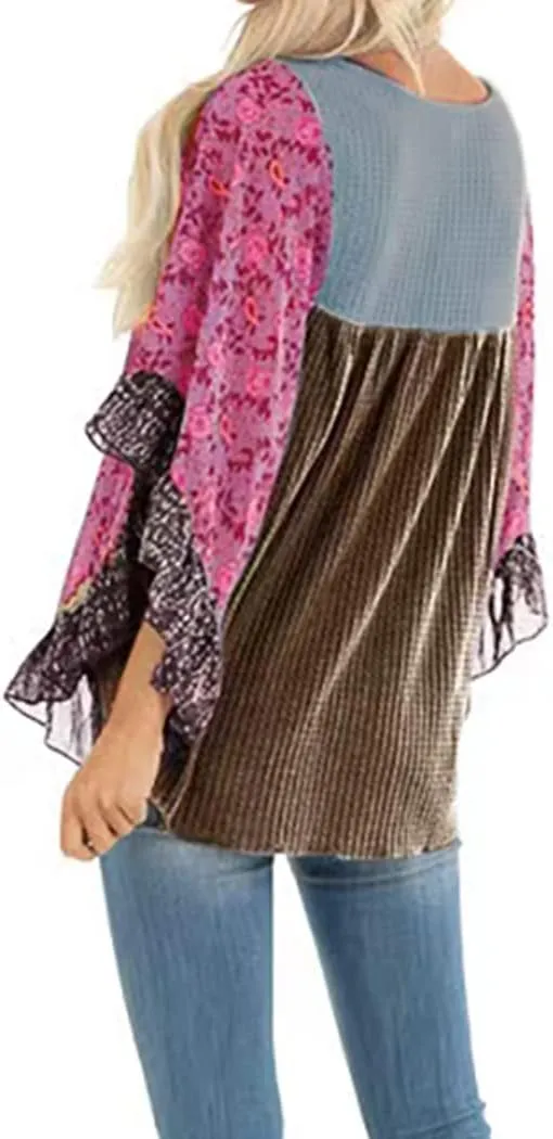 CASURESS Womens Floral Printed 3 4 Sleeve Shirt Batwing Loose Tops Blouses Pullover