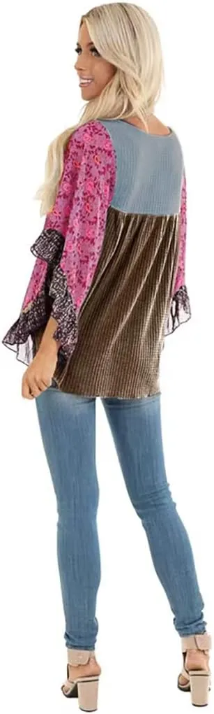 CASURESS Womens Floral Printed 3 4 Sleeve Shirt Batwing Loose Tops Blouses Pullover
