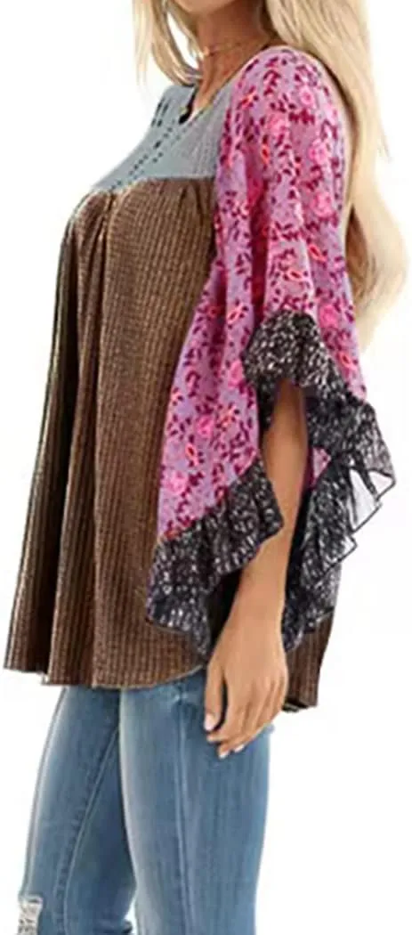 CASURESS Womens Floral Printed 3 4 Sleeve Shirt Batwing Loose Tops Blouses Pullover