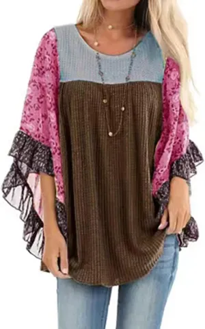 CASURESS Womens Floral Printed 3 4 Sleeve Shirt Batwing Loose Tops Blouses Pullover