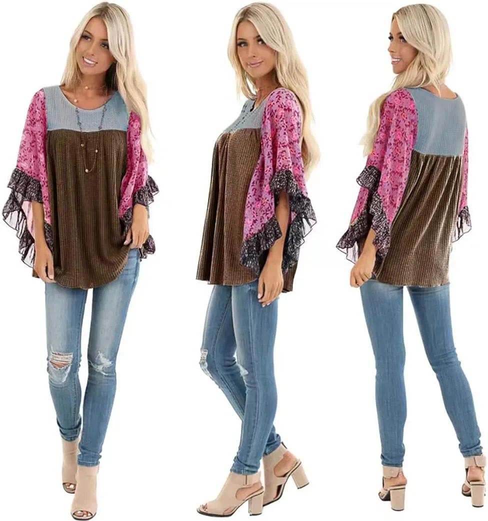 CASURESS Womens Floral Printed 3 4 Sleeve Shirt Batwing Loose Tops Blouses Pullover