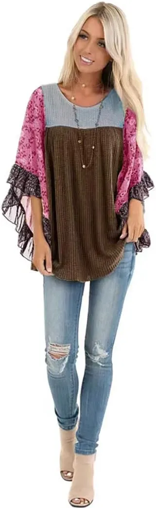 CASURESS Womens Floral Printed 3 4 Sleeve Shirt Batwing Loose Tops Blouses Pullover