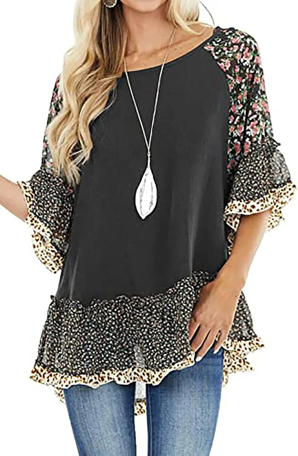 CASURESS Women's Floral Printed Ruffle 3 4 Sleeve Shirt Batwing Loose Tops Blouses Pullover
