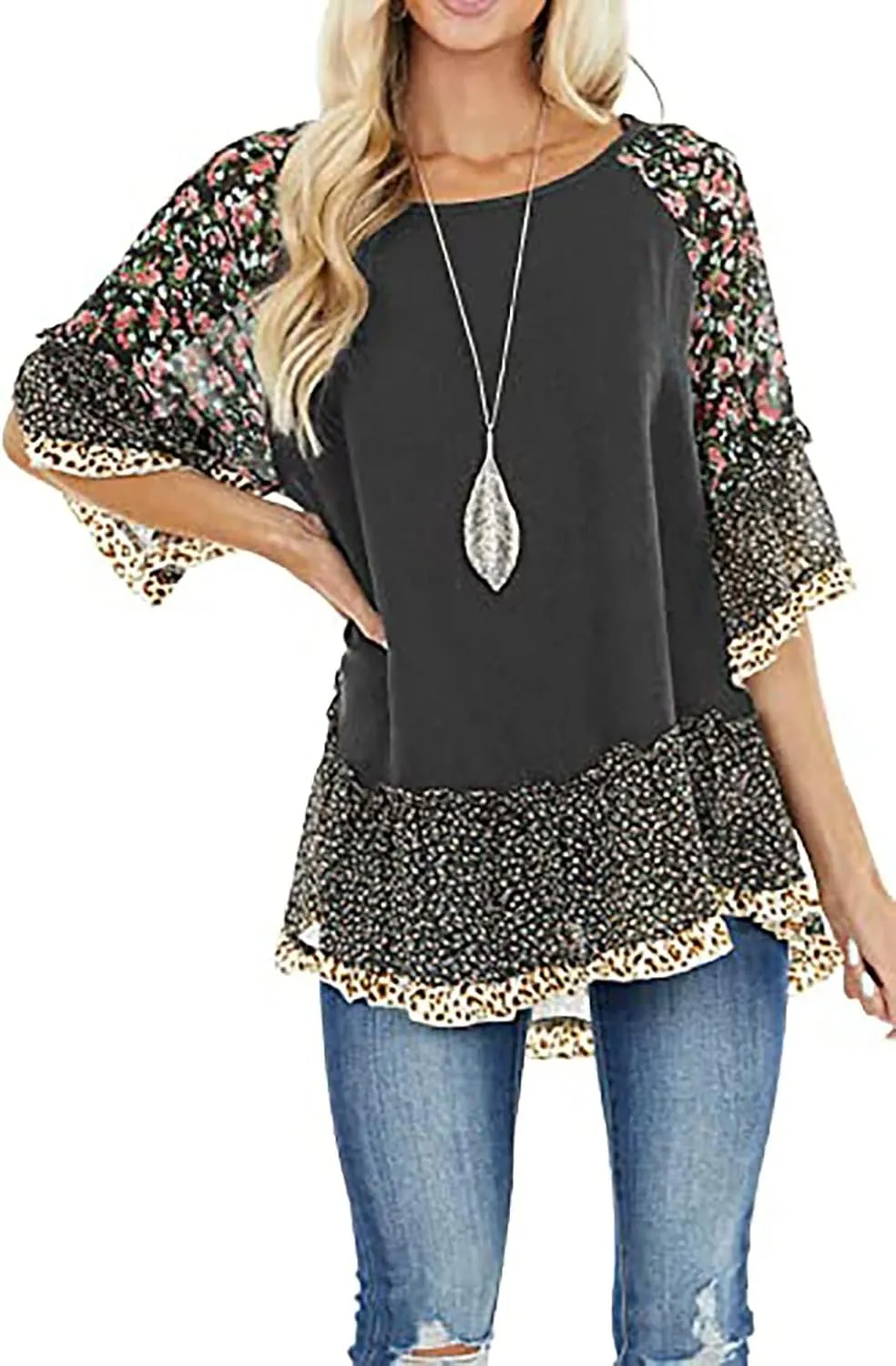 CASURESS Women's Floral Printed Ruffle 3 4 Sleeve Shirt Batwing Loose Tops Blouses Pullover