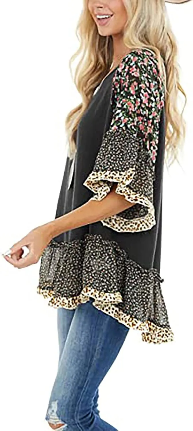 CASURESS Women's Floral Printed Ruffle 3 4 Sleeve Shirt Batwing Loose Tops Blouses Pullover
