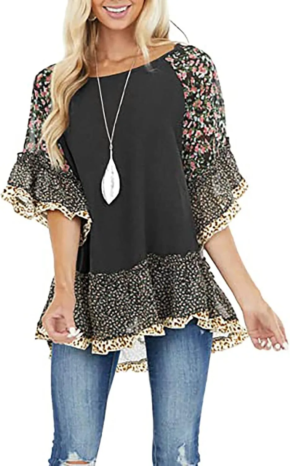 CASURESS Women's Floral Printed Ruffle 3 4 Sleeve Shirt Batwing Loose Tops Blouses Pullover